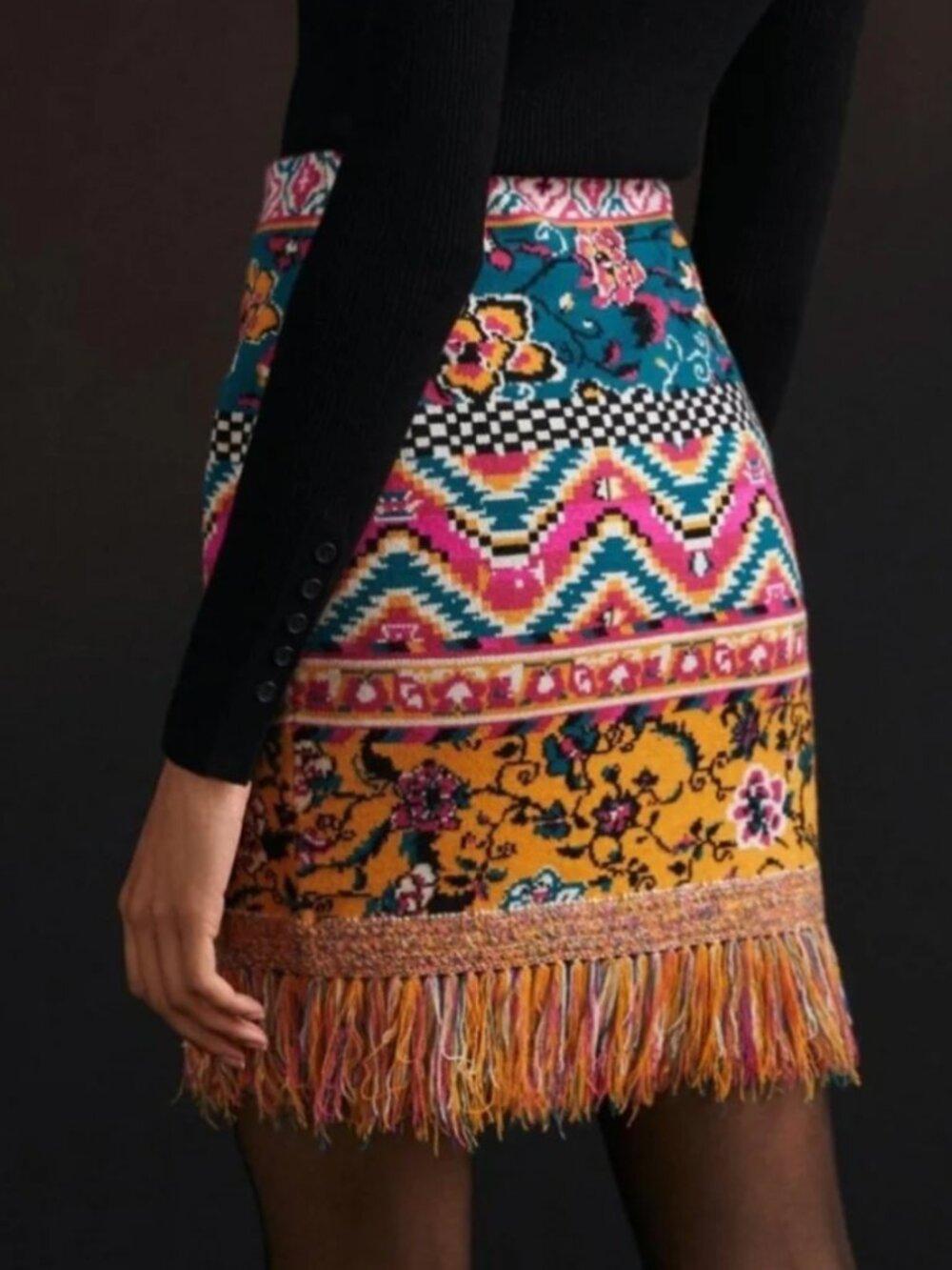Anthropologie Fringed Sweater Abstract Print Tassel Hem Boho Mini Skirt, Size XS